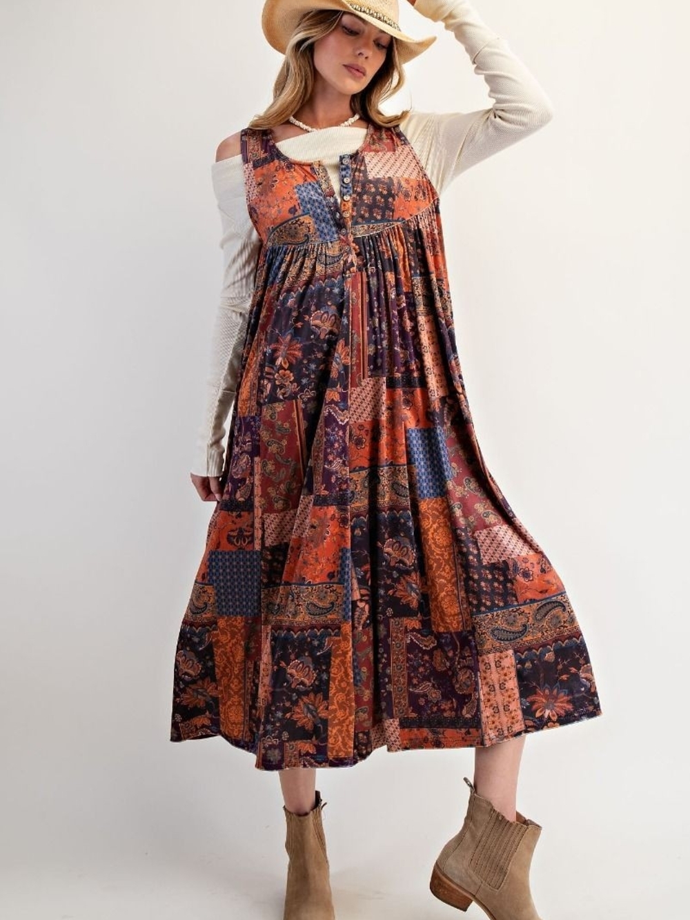 1-0920 Easel Velvet Patchwork Jumpsuit in Deep Orange Fall Colors